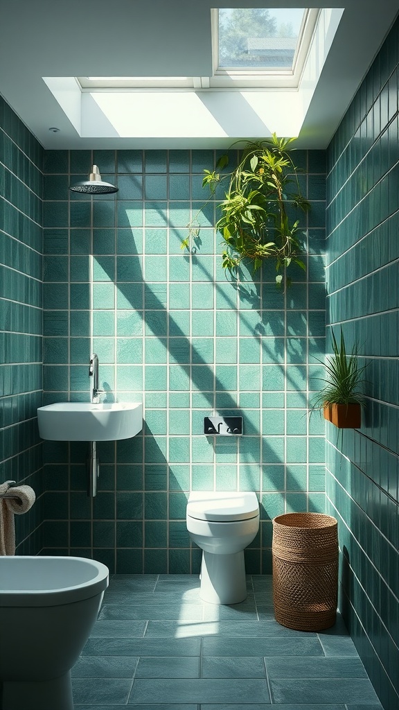 A modern bathroom featuring green and grey tiles, a skylight, and indoor plants.