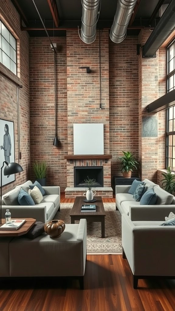 A stylish industrial living room featuring exposed brick walls, neutral colored sofas, and a wooden coffee table.