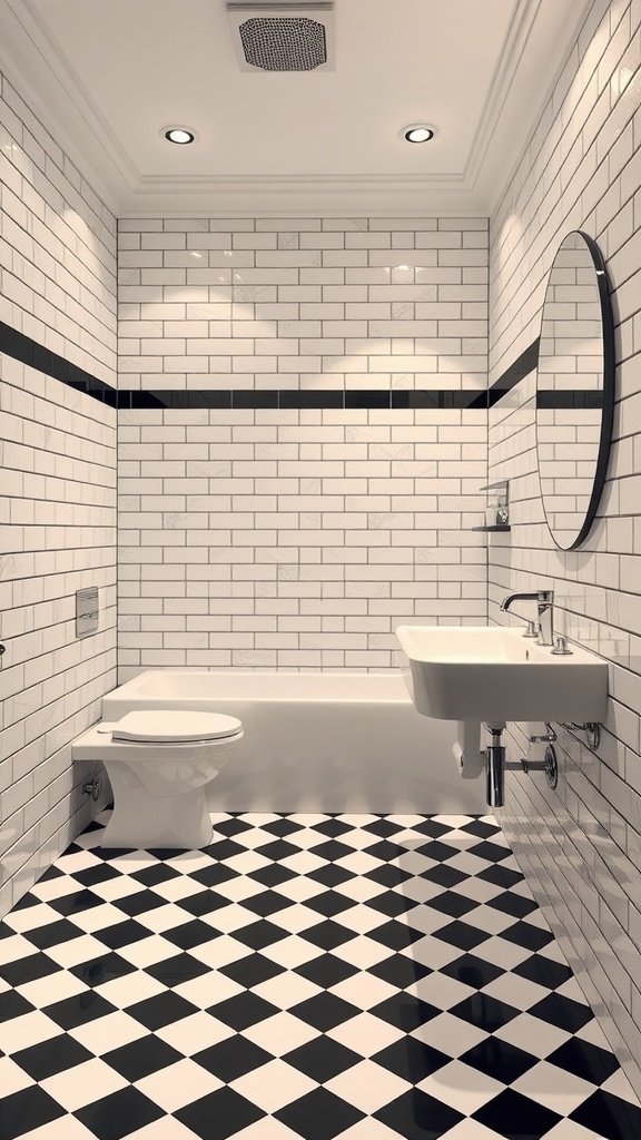 A stylish bathroom featuring monochrome checkered tiles on the floor and white subway tiles on the walls.