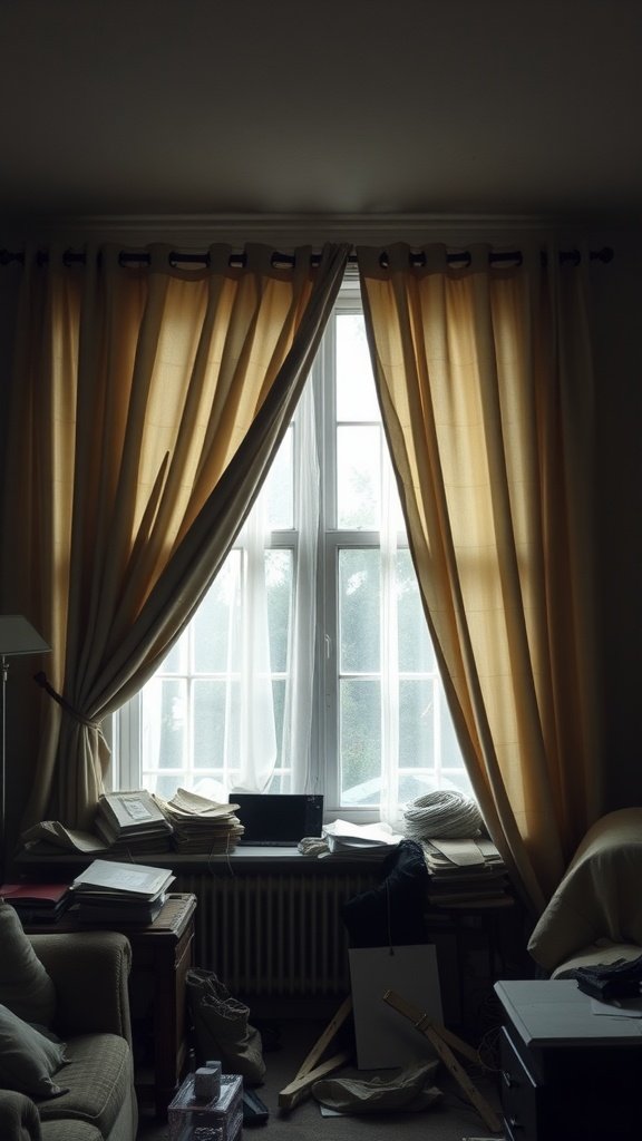 A cluttered living room window with heavy curtains blocking light and surrounded by papers and items.