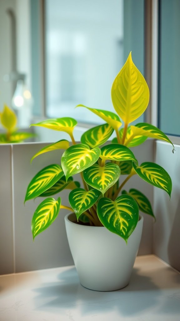 A vibrant Neon Pothos plant with bright yellow-green leaves in a white pot, placed in a bathroom setting.