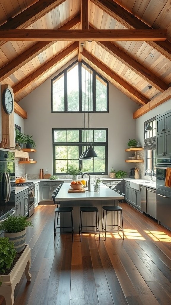 A modern rustic kitchen with high ceilings, exposed wooden beams, and large windows, featuring a spacious island and plants.
