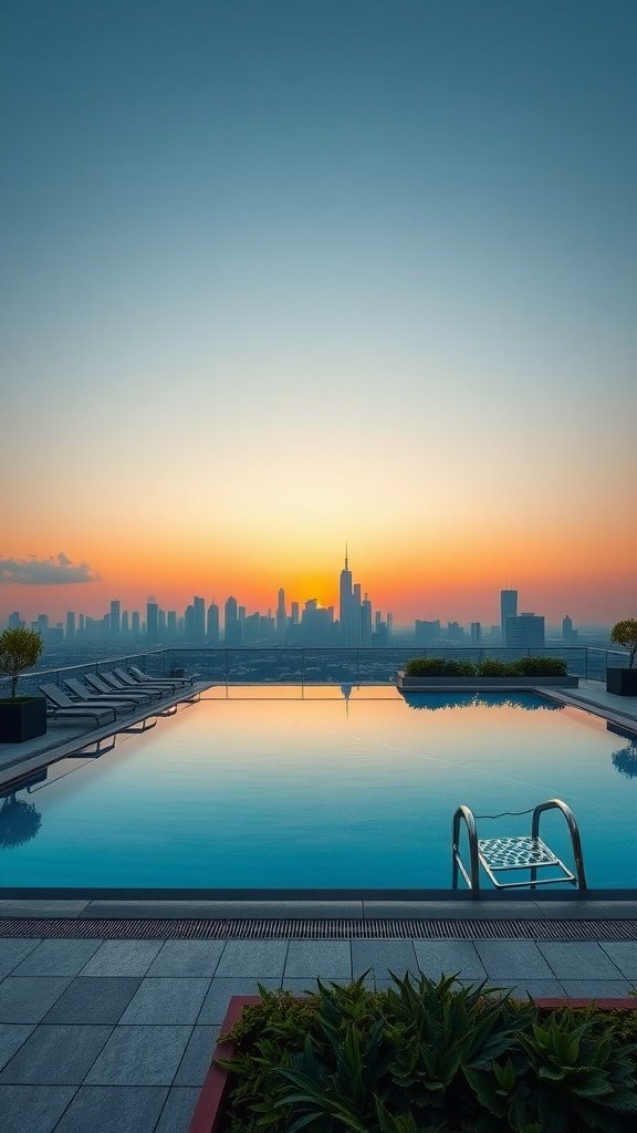 A rooftop swimming pool overlooking a city skyline at sunset