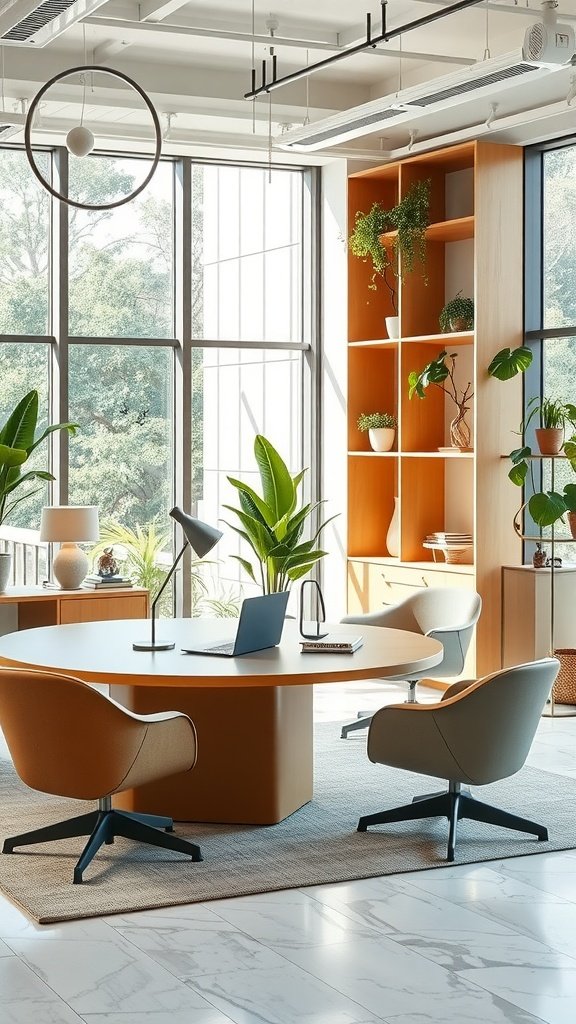A modern office space featuring organic shapes in furniture, with a round table, soft chairs, and plants creating a welcoming atmosphere.
