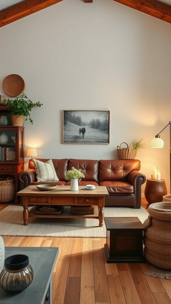 Cozy rustic living room featuring a brown leather couch, wooden coffee table, and plants
