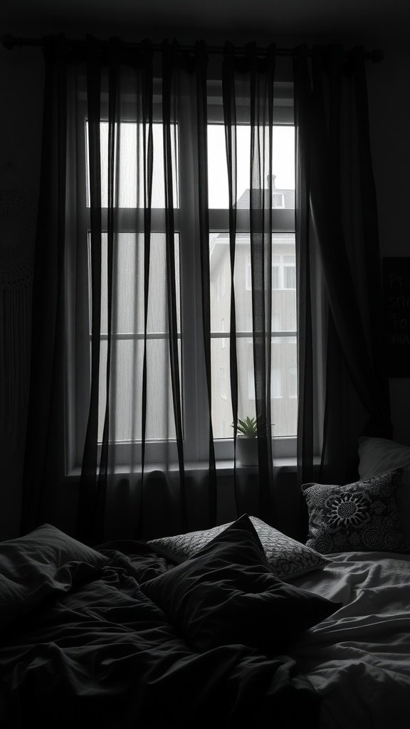Sheer black curtains draped over a window, with a cozy bed featuring dark bedding and decorative pillows.