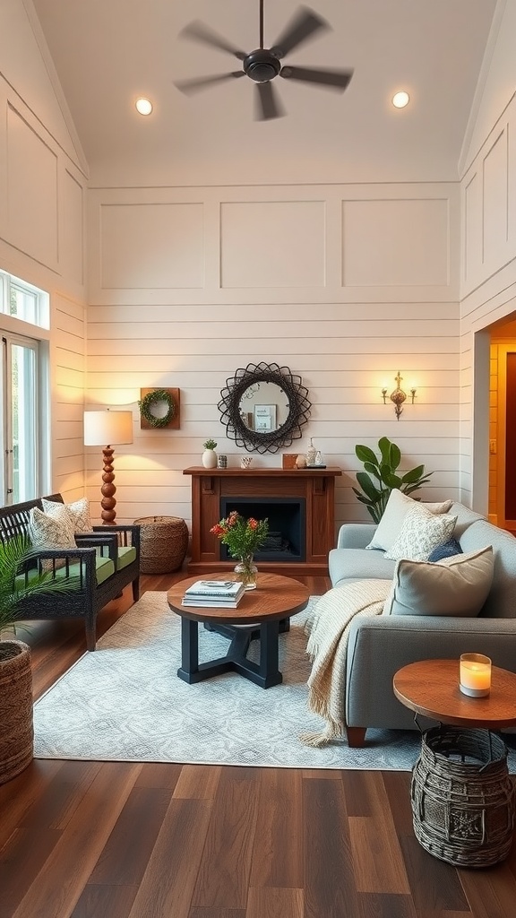 Modern farmhouse living room with shiplap walls and cozy furniture