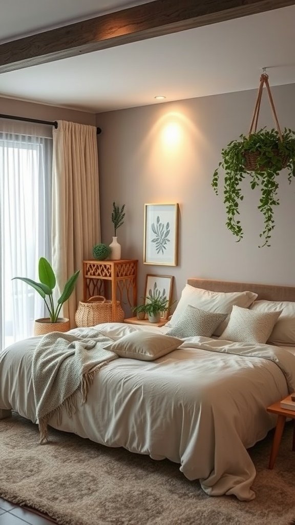 Cozy boho-style bedroom with soft bedding, plants, and natural decor