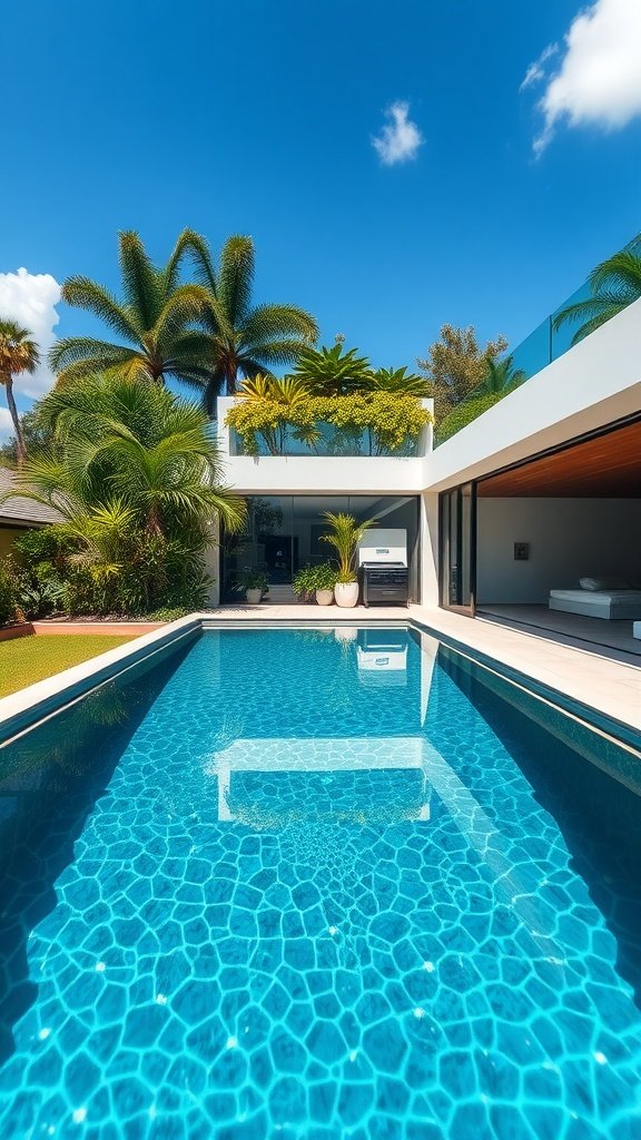 A small infinity pool beside a modern house with palm trees and a clear blue sky.