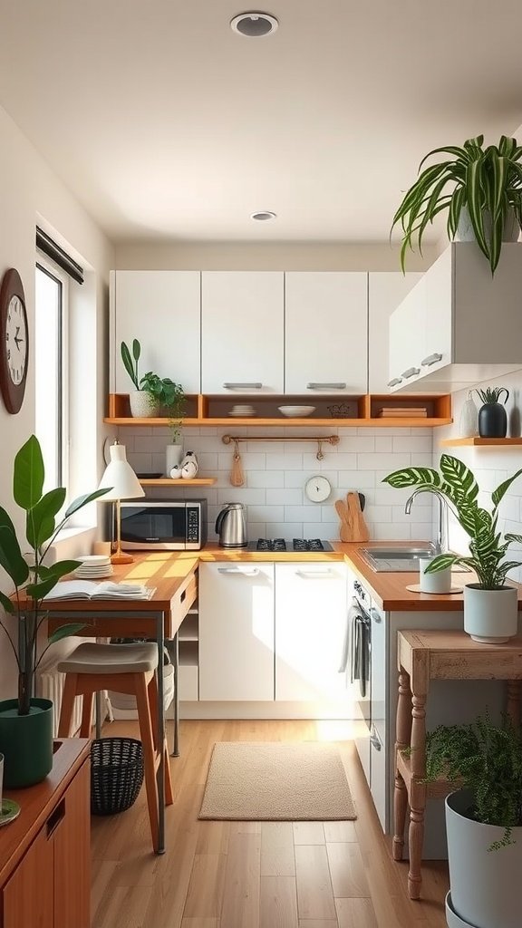 A small, bright kitchen featuring wooden accents, white cabinets, and green plants.