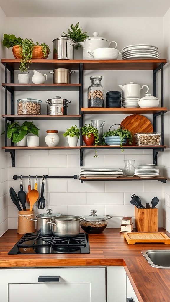 Floating shelves displaying kitchenware and plants in a small kitchen