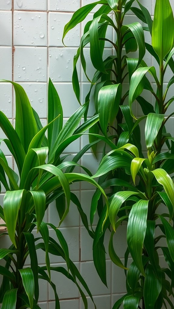 Lush green spider plants thriving in a humid shower environment against white tiled walls with water droplets.