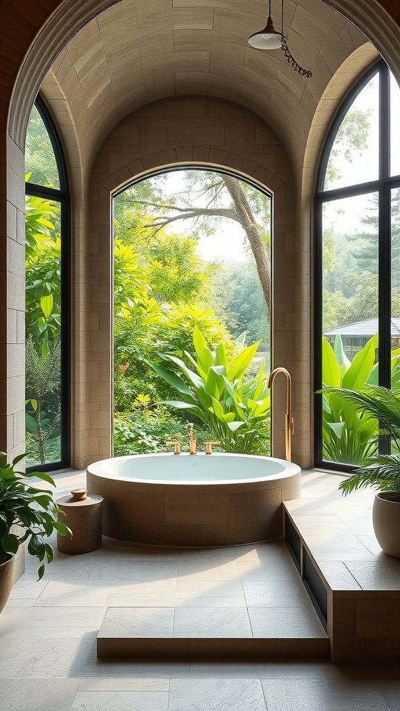 A serene stone bathroom featuring a round bathtub, large windows with garden views, and lush greenery inside.