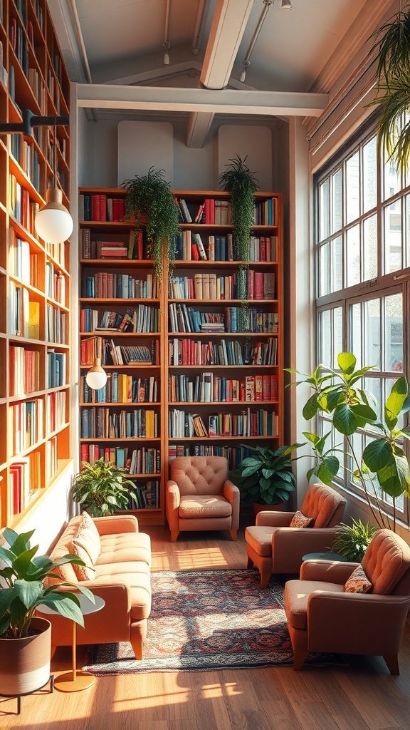 Cozy library room with sunlit nook, bookshelves, plants, and comfortable seating