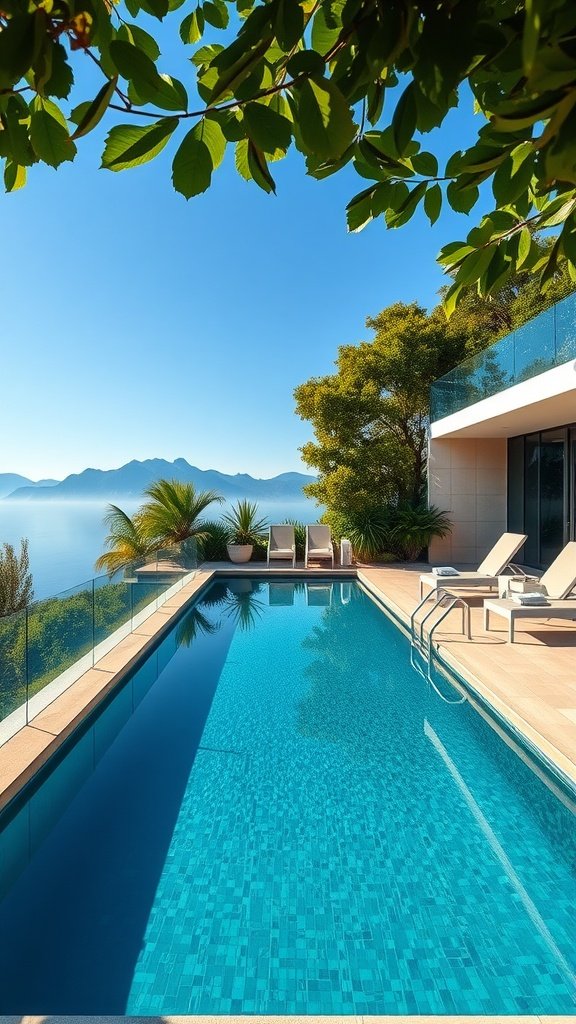 A luxurious lap swimming pool with stunning mountain views, surrounded by greenery and elegant lounge chairs.