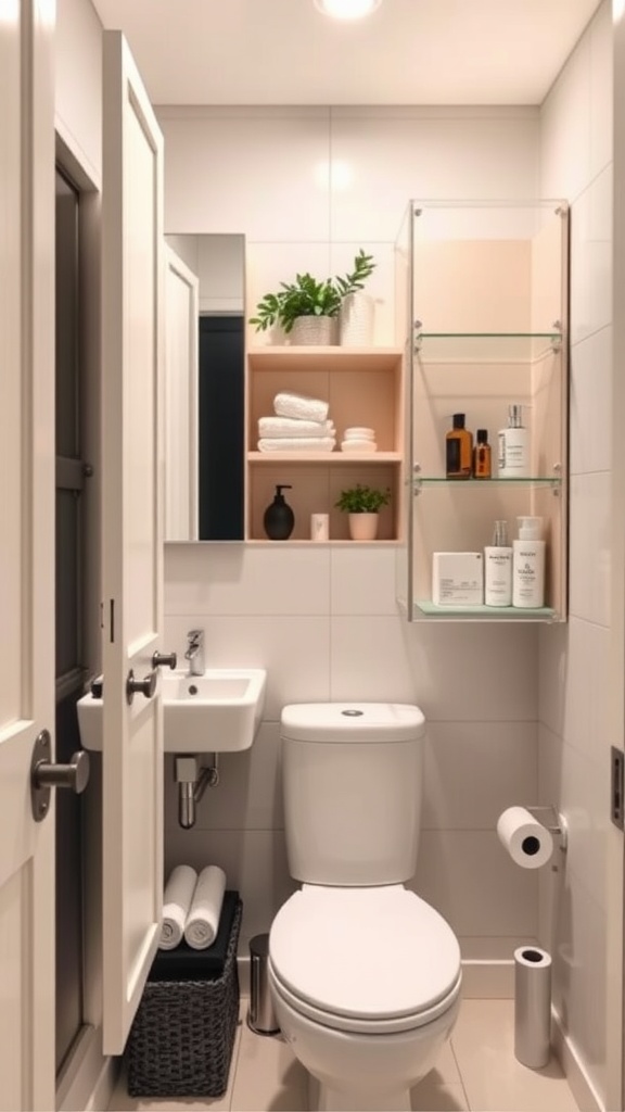 A small bathroom featuring wall-mounted cabinets, displaying towels and toiletries, with a modern sink and toilet.