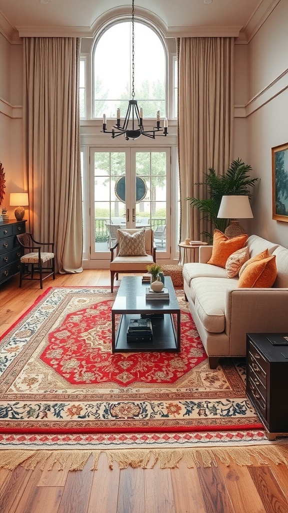 A cozy living room featuring a vibrant red and cream area rug, stylish furniture, and large windows.