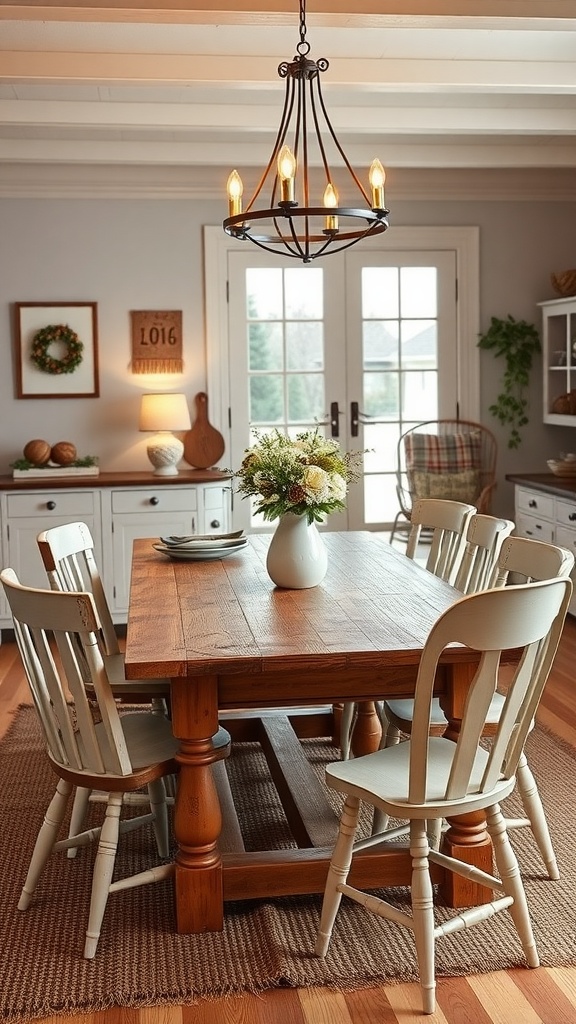 Traditional farmhouse dining set with wooden table and light-colored chairs