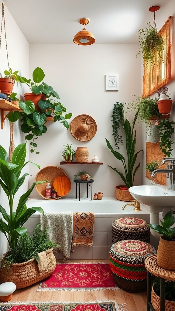 A stylish Boho bathroom filled with plants, woven accessories, and colorful rugs.