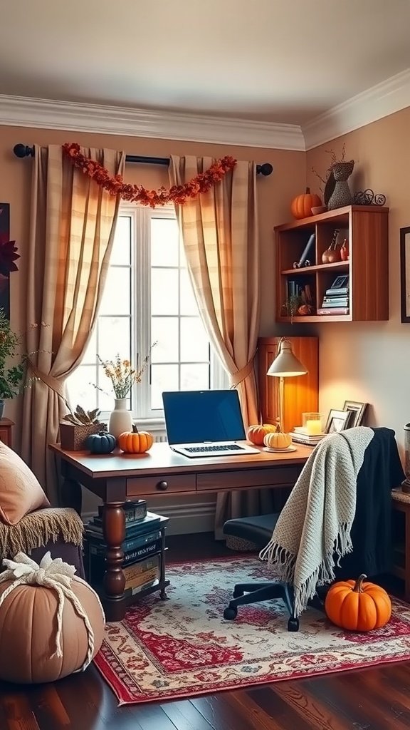 A cozy fall home office featuring pumpkins, soft textiles, and warm lighting.