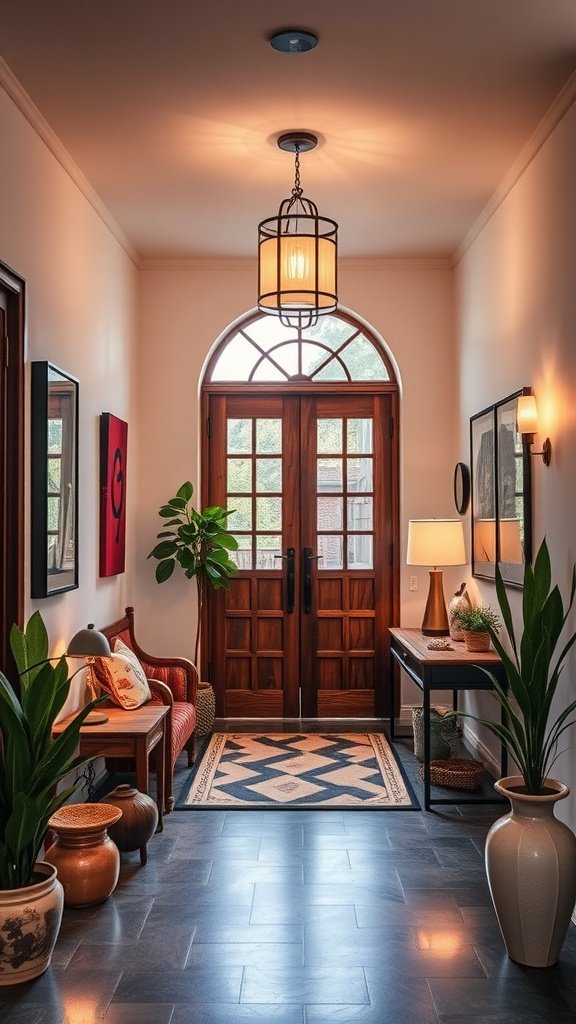 A stylish foyer featuring wooden double doors, elegant lighting, and decorative plants.
