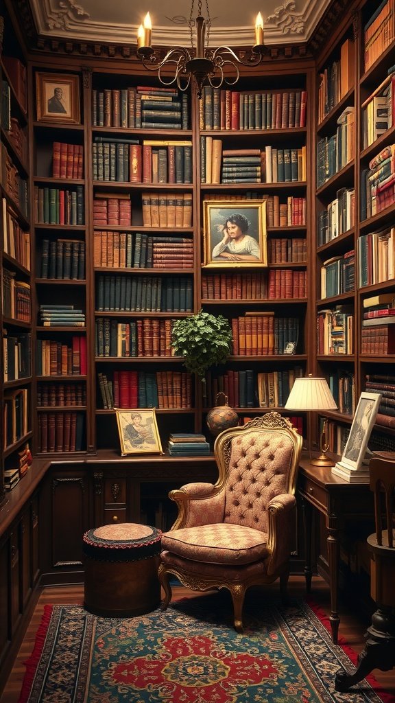 A cozy library with wooden shelves filled with books, a plush chair, a small table with a lamp, and framed portraits on the walls.