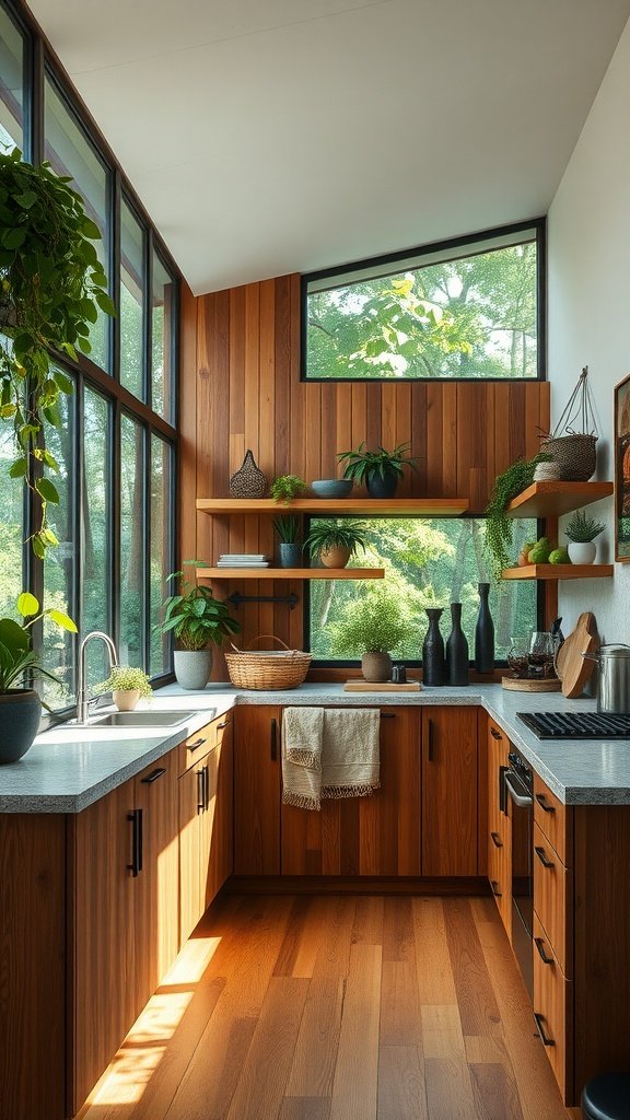 A warm wooden modern kitchen with large windows and plants