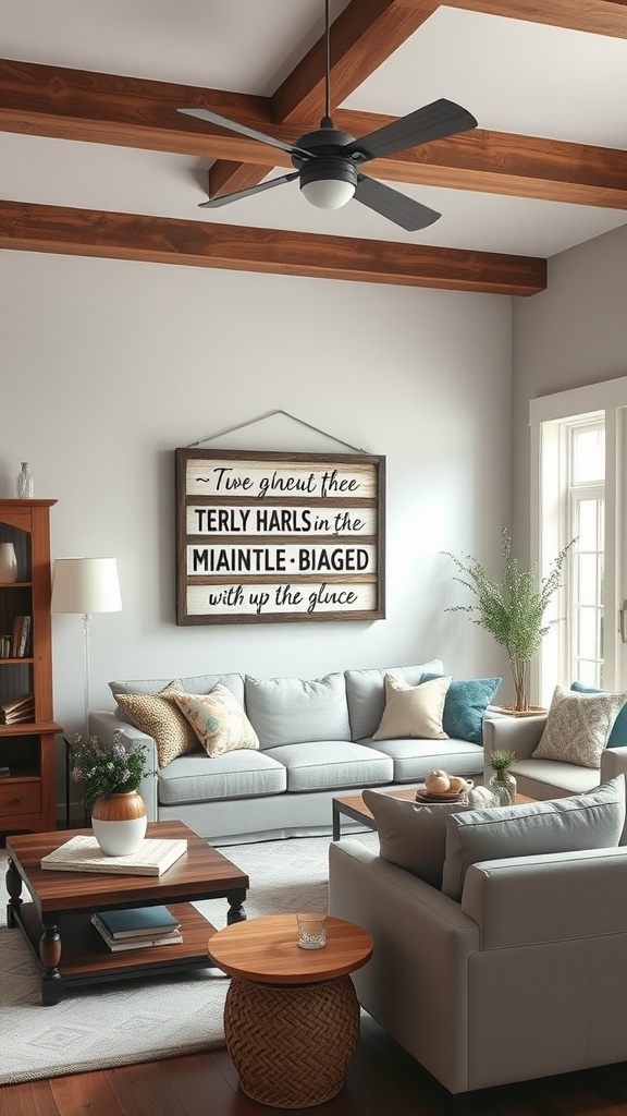A modern farmhouse living room featuring a cozy couch, a wooden coffee table, and a decorative sign with inspirational quotes on the wall.