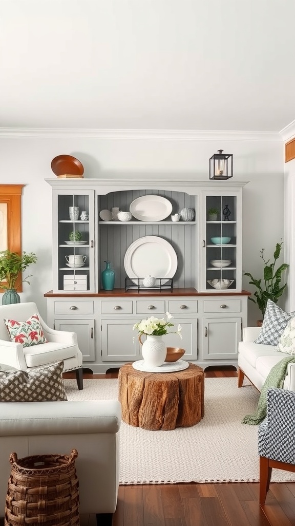 A modern farmhouse living room featuring a gray hutch displaying china, surrounded by cozy seating and a wooden coffee table.