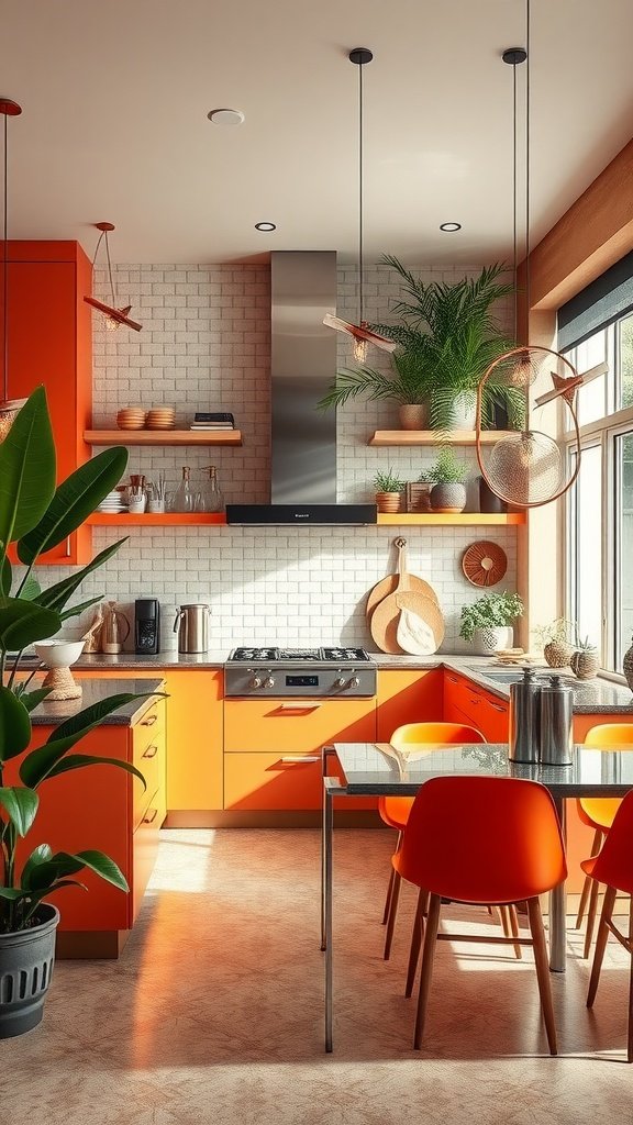 A bright, modern kitchen featuring orange cabinets, plants, and a glass dining table.