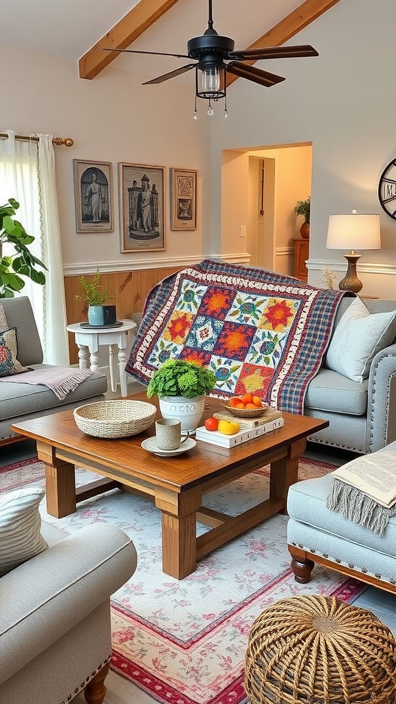 A cozy living room featuring a colorful heirloom quilt draped over a couch, with comfortable seating and a wooden coffee table.
