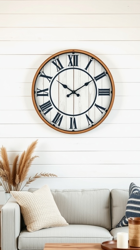 A rustic farmhouse style clock with a wooden frame hanging above a cozy couch in a modern living room.