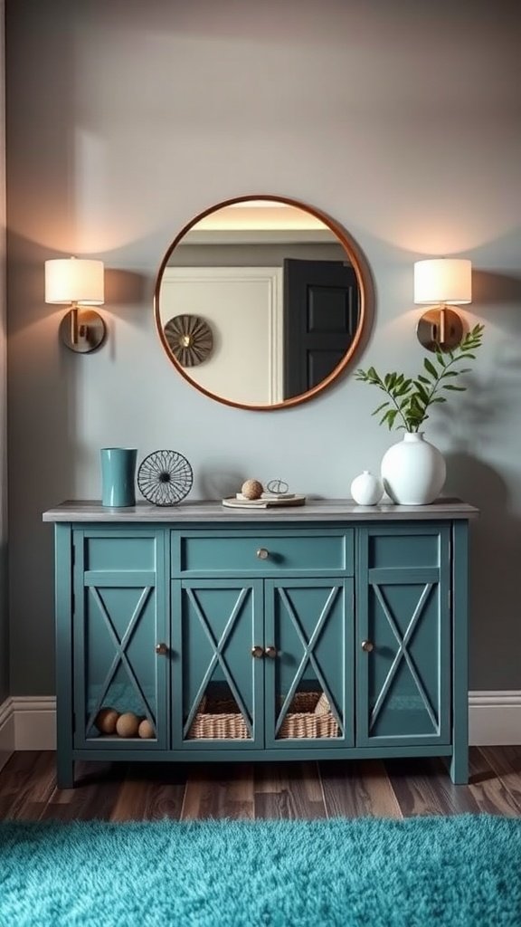 A stylish teal console table with a round mirror and sconces above it, set against a grey wall.