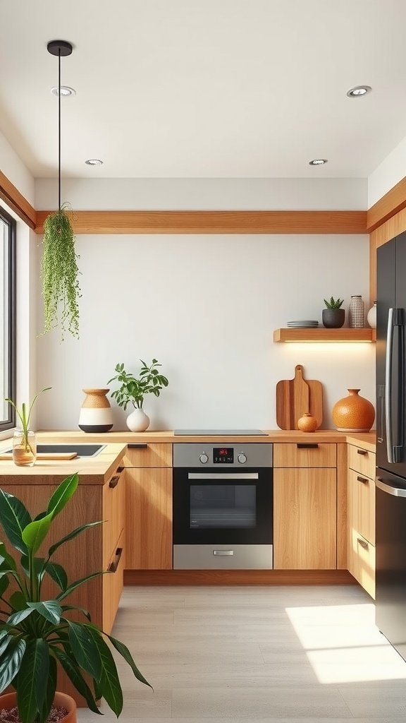 A modern Japandi kitchen featuring wooden cabinets, plants, and sleek appliances.