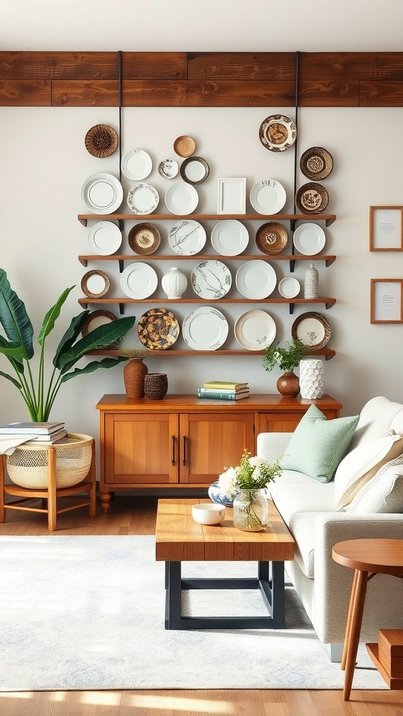 A modern farmhouse living room with decorative plates arranged on wall racks, featuring wooden shelves and plants.