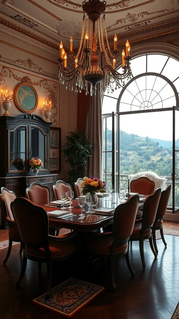 Luxurious Italian dining room with chandelier and countryside view