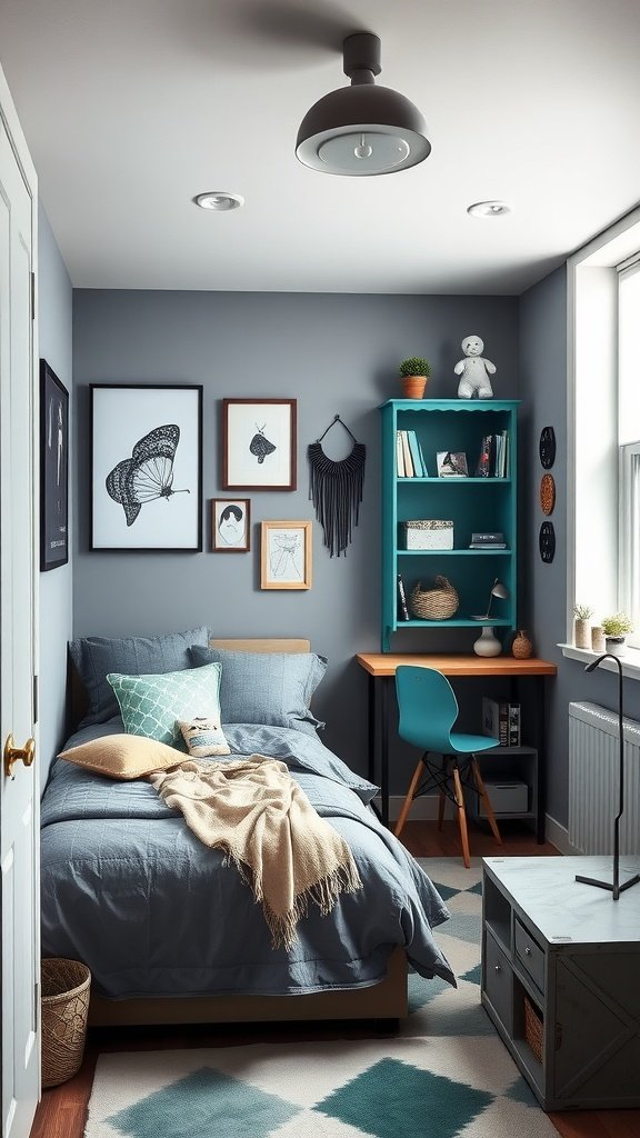A small, stylish bedroom featuring grey walls, teal accents, a cozy bed, and a desk.