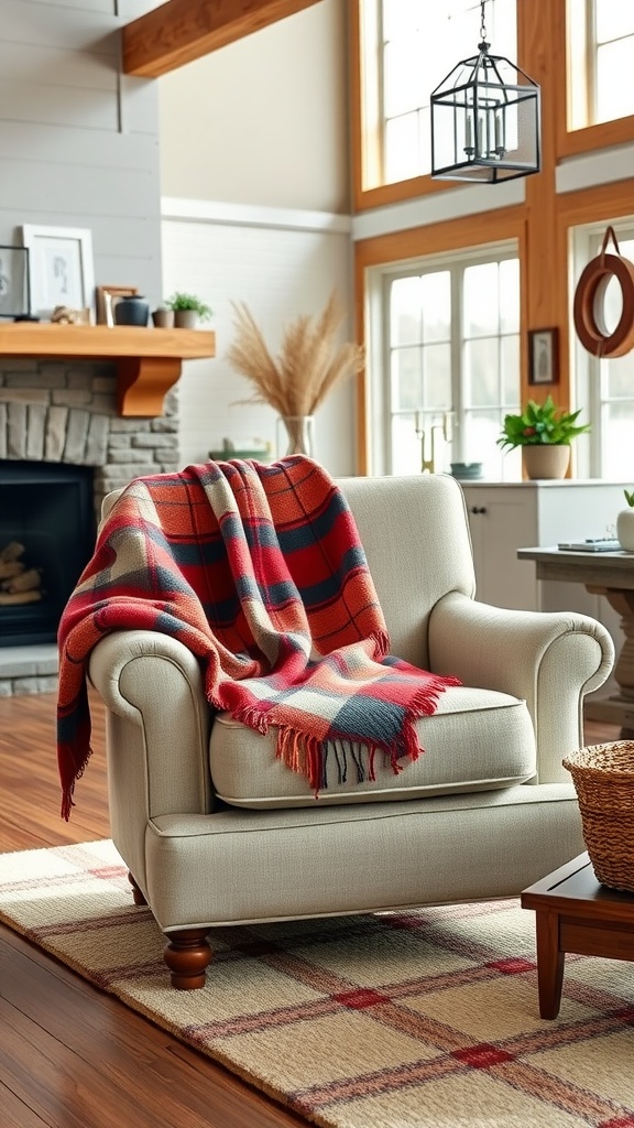 Cozy living room with an overstuffed armchair draped in a plaid blanket, featuring a stone fireplace and large windows.