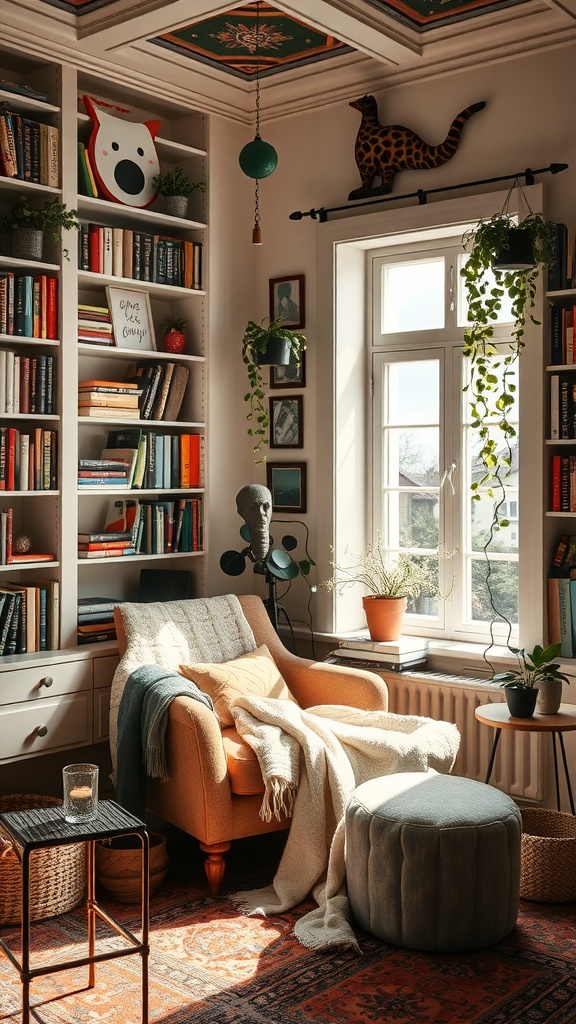 Cozy reading nook with an armchair, bookshelves filled with colorful books, and plants, in a natural light setting.