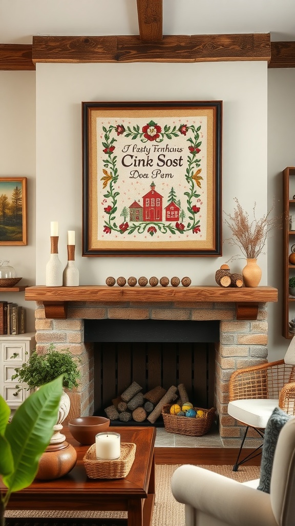 A cross stitch sampler framed and displayed above a fireplace in a modern farmhouse living room.