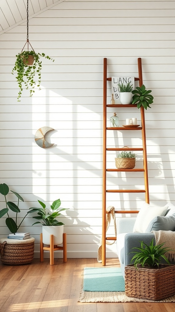 A cozy modern farmhouse living room featuring a wooden ladder used as a decorative piece, adorned with plants and books.