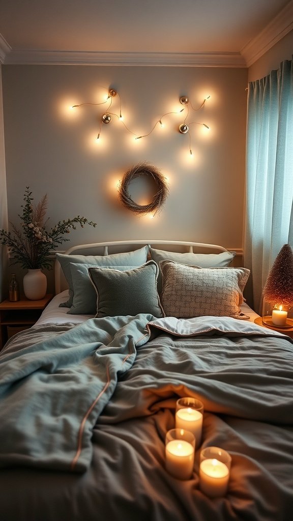 Cozy grey and teal bedroom with string lights, candles, and plush bedding