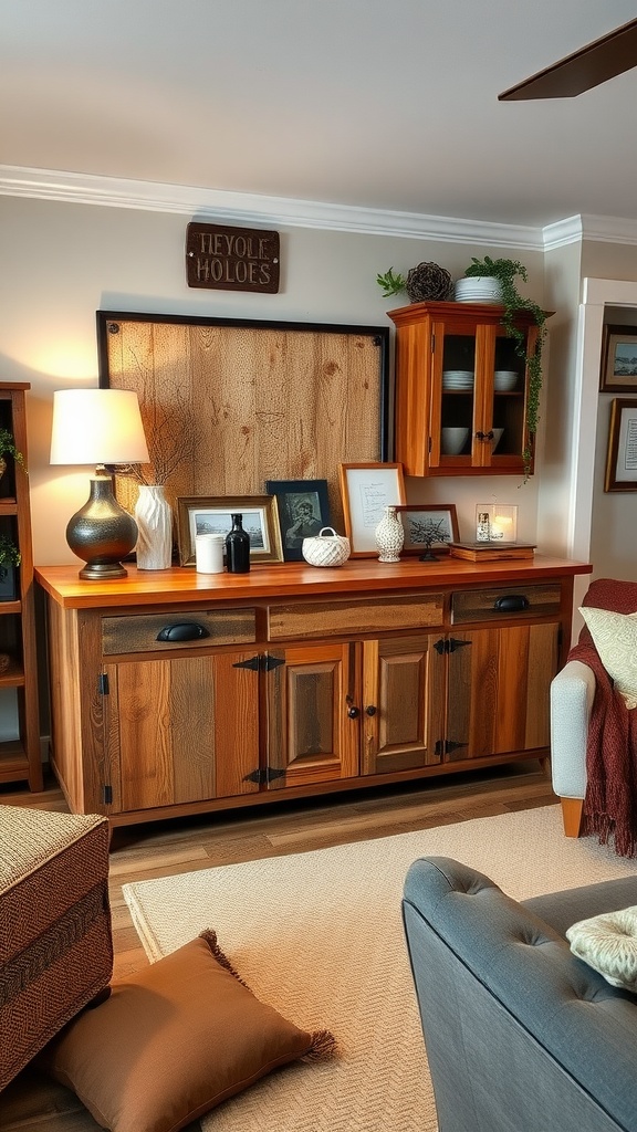 A large rustic wooden dining buffet with decorative items in a modern farmhouse living room.