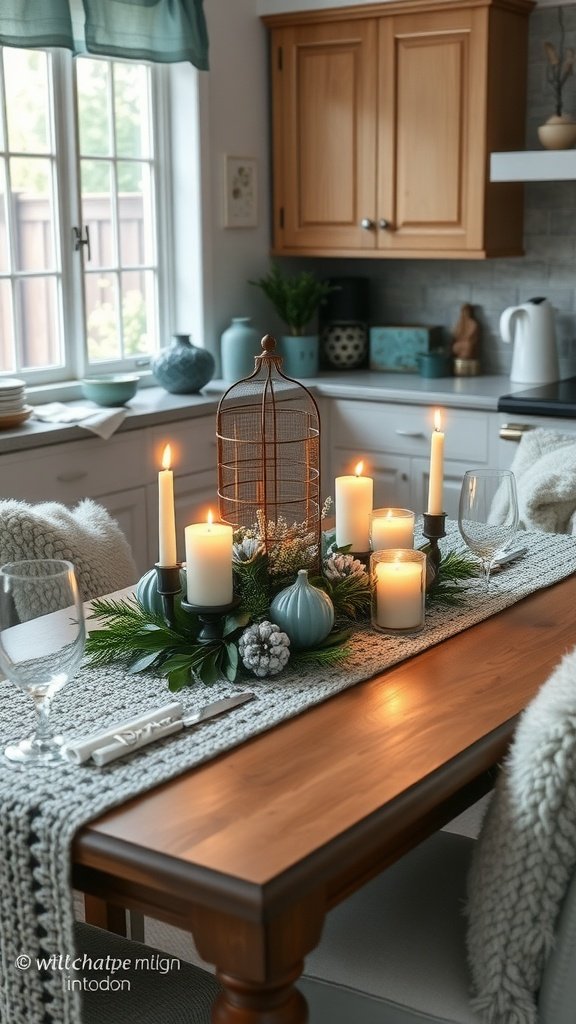 A cozy kitchen table centerpiece featuring candles, greenery, and teal accents, creating a warm atmosphere.