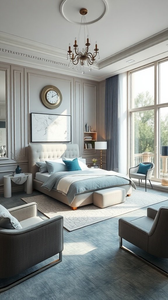 Modern luxury bedroom featuring grey and teal decor, elegant furniture, and ample natural light.