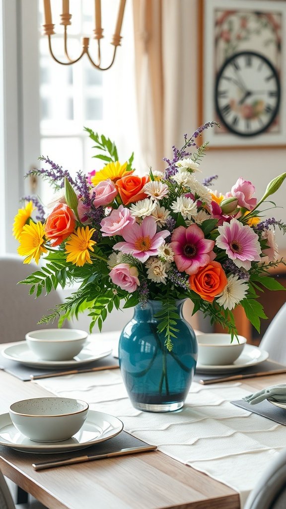 A vibrant floral centerpiece in a teal vase with roses, daisies, and other seasonal flowers on a dining table.