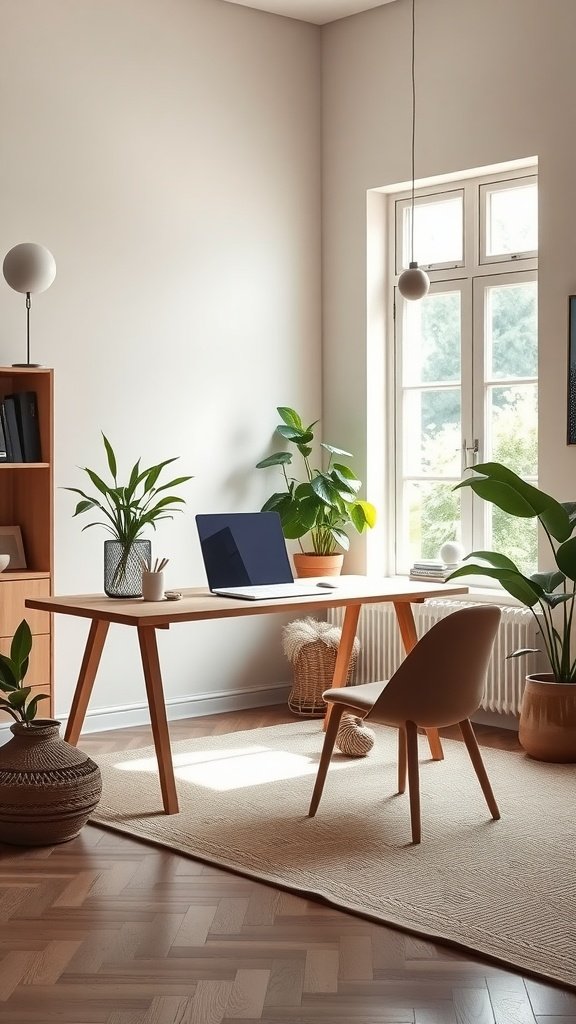 A minimalist Japandi home office featuring a wooden desk, laptop, and lush green plants by the window.