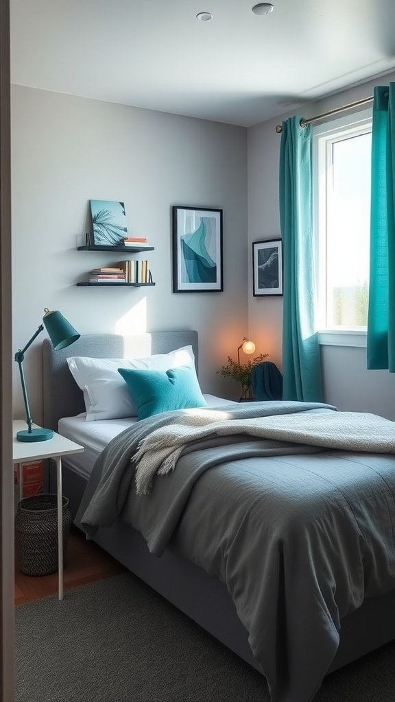 A small bedroom with grey walls, teal curtains, and bedding, featuring a bedside table and wall shelves.