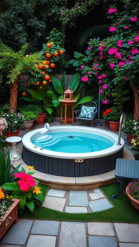 A jacuzzi surrounded by colorful flowers and greenery in a garden setting.