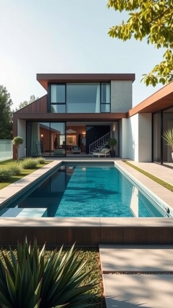 A modern house featuring an above-ground rectangular swimming pool surrounded by greenery.